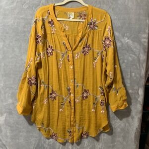 Fig &‎ Flower Embroidered Tunic Top Women's 2X Yellow Floral Embroidered Boho